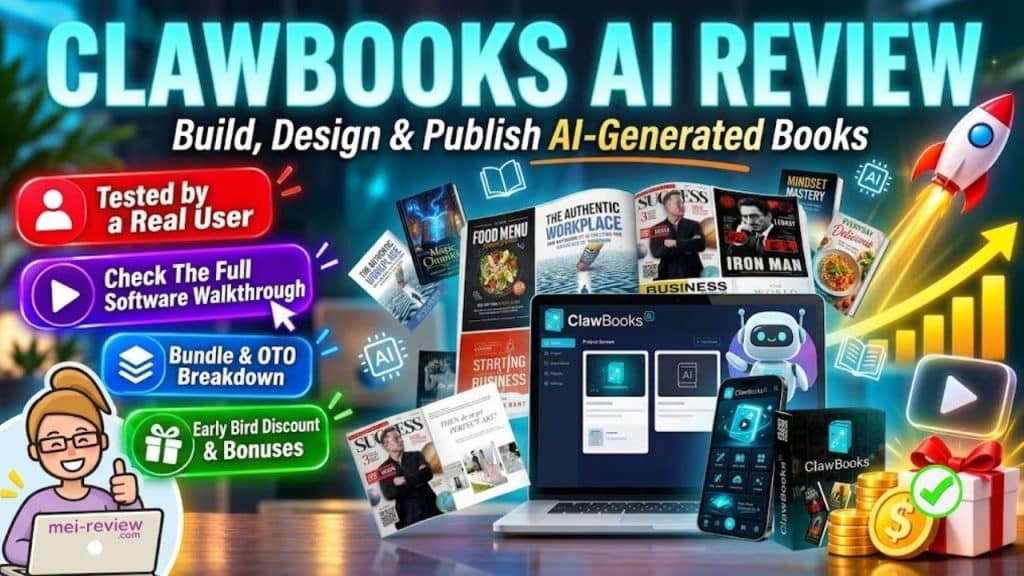 A modern workspace showing digital tools and physical books for the Clawbooks AI Bundle.