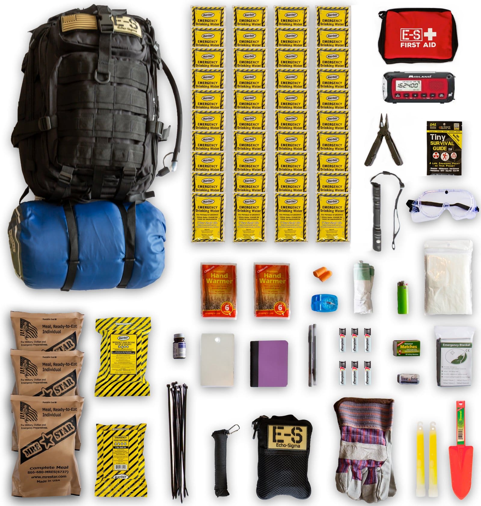 Essential survival equipment including a digital scale and water filter laid out for inspection.