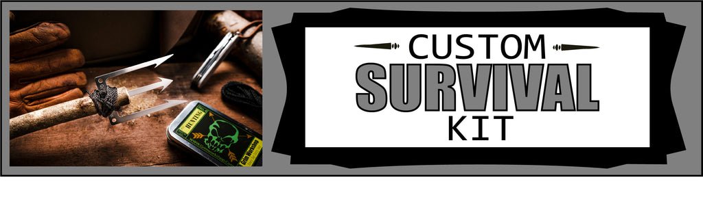 Essential survival kit items including water, purification tablets, and non-perishable food bars.