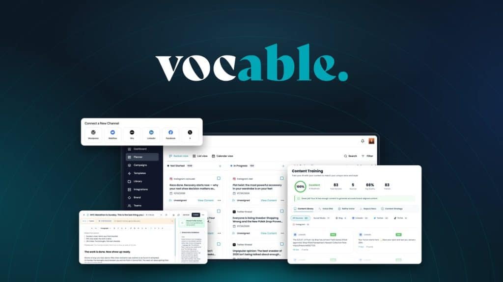A modern desk with a laptop showing a content calendar for Vocable AI.